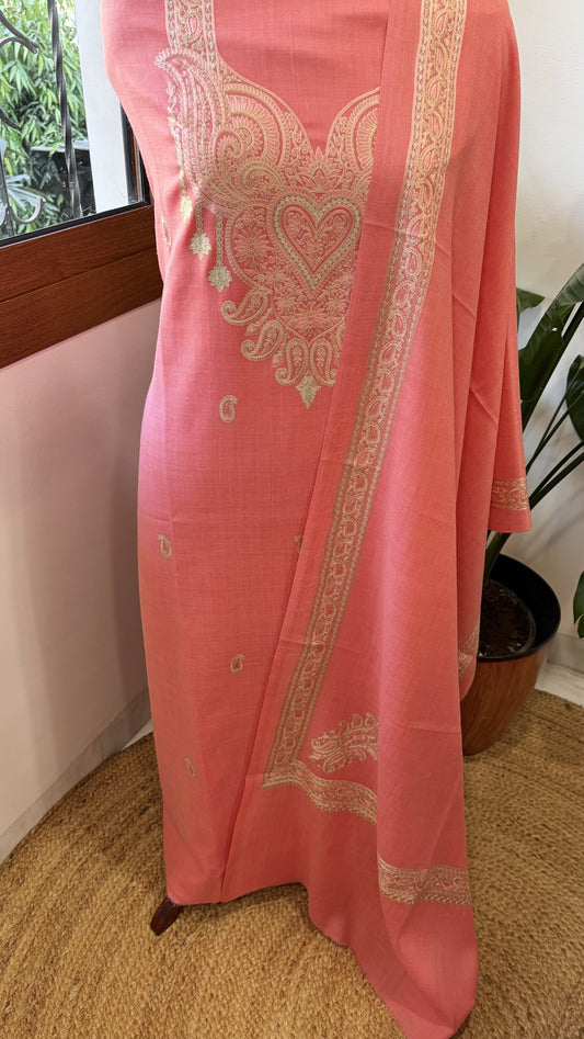 Peachish Pink Winter Suit Set with Aari Work in Pashmina Wool