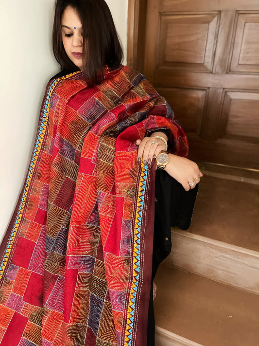 Maroon, Red Handmade Kantha Dupatta in Silk