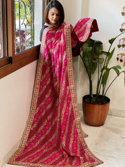 Pink Printed Bandhej Dupatta in Chinon with Gold Thread and Sequin Work
