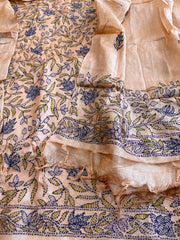 Lite Peach Suit Set with Kantha Handwork in Pure Tussar Silk