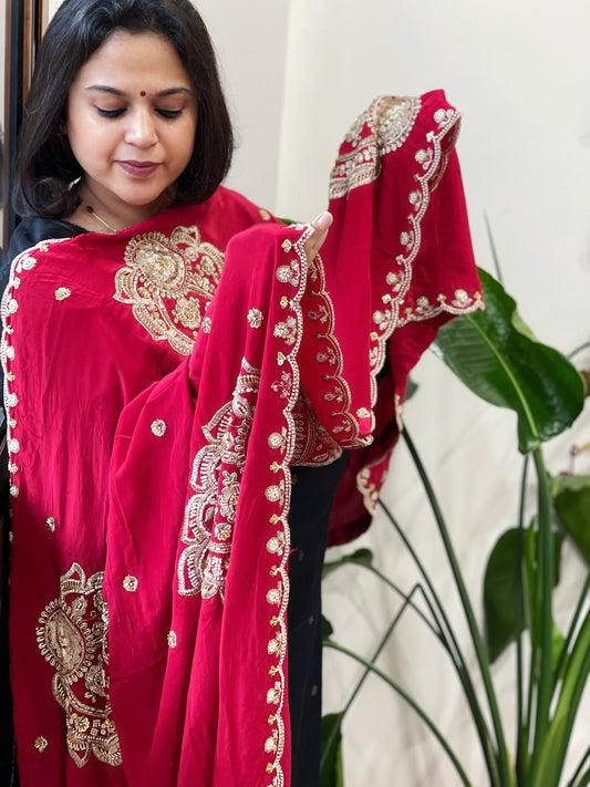 Red Crepe Dupatta with Pearl, Cut Daana, Gold Thread & Sequin Embroidery