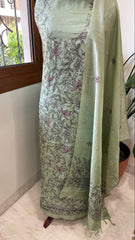 Pista Green Suit Set with Kantha Handwork in Pure Tussar Silk