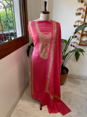 Candy Floss Pink Winter Suit Set with Aari Work in Pashmina Wool