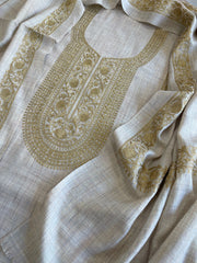 Oatmeal Beige Winter Suit Set with Aari Work in Pashmina Wool