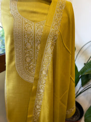 Lemon Yellow Winter Suit Set with Aari Work in Pashmina Wool
