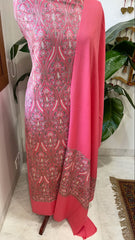 Pink Winter Suit Set with Aari Work in Pashmina Wool
