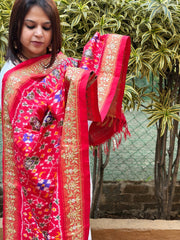 Red Handwoven Ikat Patola with Gotapatti & Pearl Handwork dupatta in Pure Silk