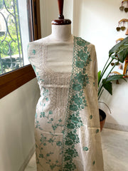 Gold, Green Suit Set with Thread Embroidery and Pitta Work in Tissue Chanderi