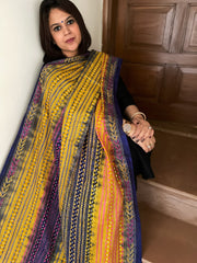 Yellow, Blue Handmade Kantha Dupatta in Silk
