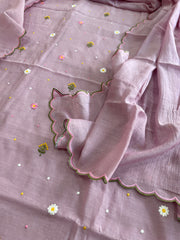 Mauve Suit Set with Thread Embroidery in Pure Mul