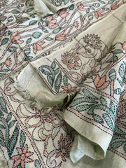Dusty Green Suit Set with Kantha Handwork in Pure Tussar Silk
