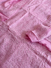 Pink Suit Set with Lucknowi Handwork in Pure Tussar Silk
