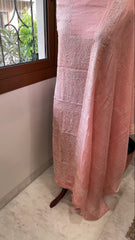 Peach Suit Set with Lucknowi Handwork in Pure Tussar Silk