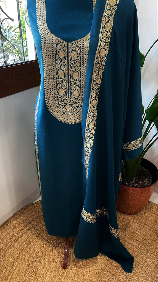 Firozi Winter Suit Set with Aari Work in Pashmina Wool