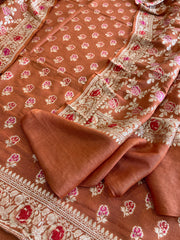Orange Woven Suit Set with Zari and Meenakari in Weaving in Pure Moonga Silk