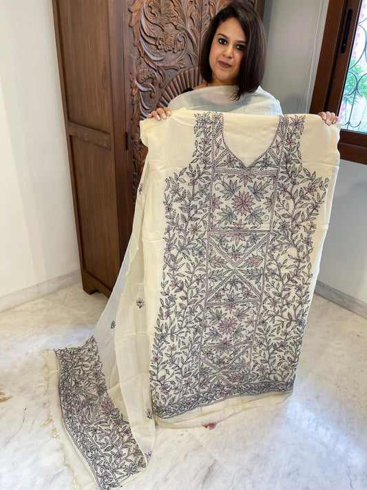 Ivory Suit Set with Kantha Handwork in Pure Tussar Silk