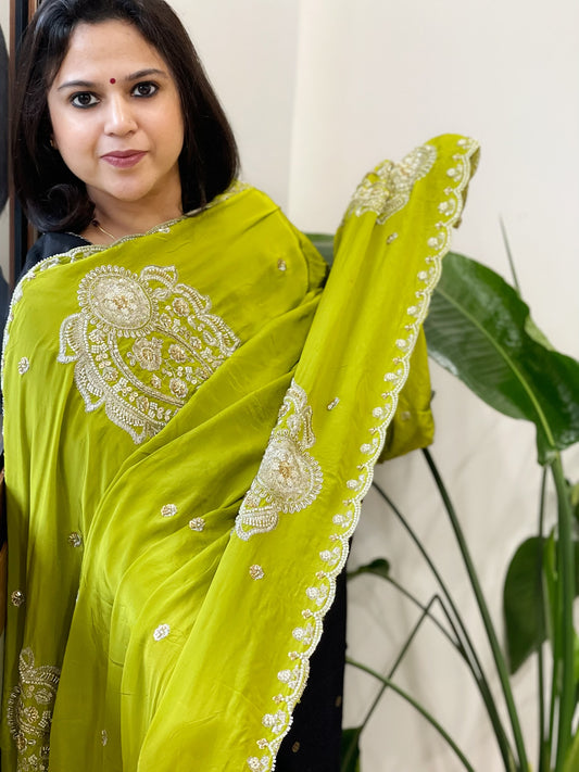 Parrot Green Crepe Dupatta with Pearl, Cut Daana, Gold Thread & Sequin Embroidery