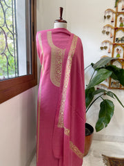 Candy Floss Pink Winter Suit Set with Aari Work in Pashmina Wool