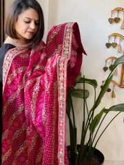 Pink Printed Bandhej Dupatta in Chinon with Gold Thread and Sequin Work