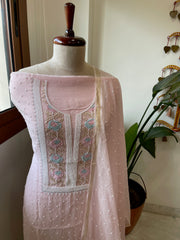 Baby Pink Suit Set with Pearl, Cut Daana and Thread Handwork in Pure Mul Chanderi