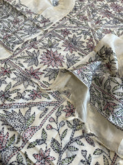 Ivory Suit Set with Kantha Handwork in Pure Tussar Silk