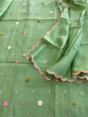 Green Suit Set with Thread Embroidery in Pure Mul