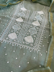 Greenish Grey Suit Set with Pearl, Cut Daana and Lucknowi Thread Handwork in Pure Mul Chanderi