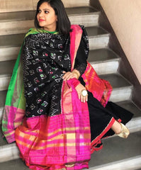 Black Handwoven Ikat Dupatta in Pure Silk