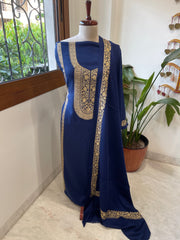 Navy Winter Suit Set with Aari Work in Pashmina Wool