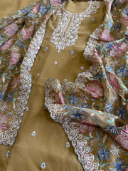 Mustard Suit Set with Thread Embroidery and Pitta Work in Georgette