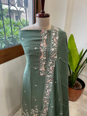 Teal Green Suit Set with Parsi Gara Embroidery Dupatta in Mul Cotton