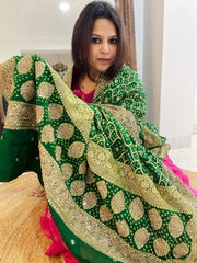 Green Handwoven NeemZari Bareek Bandhani with Meenakari and Dabka Handwork in Pure Georgette