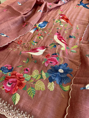 Antique Rose Suit Set with Thread Embroidery in Pure Mul Chanderi