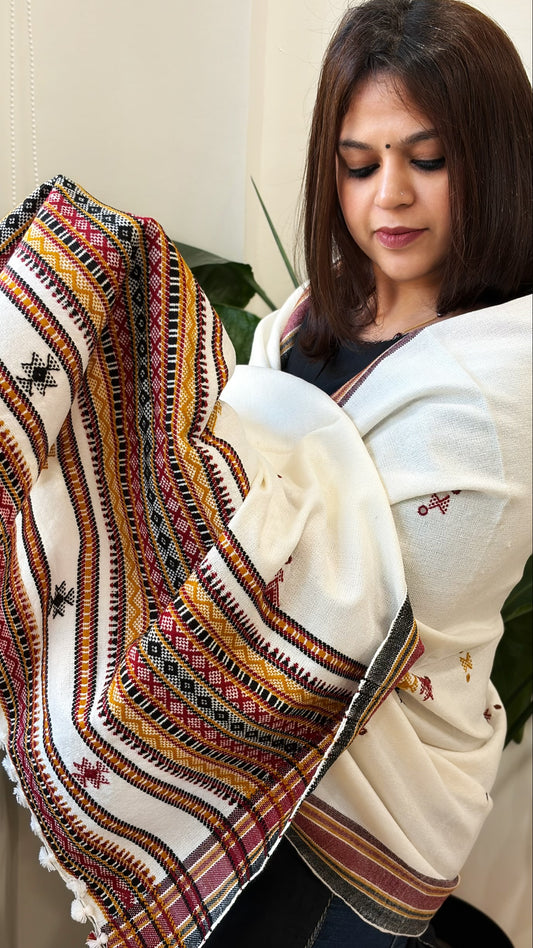 Off-White Handwoven Woollen Shawl with Mirror Handwork