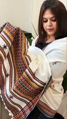 Off-White Handwoven Woollen Shawl with Mirror Handwork