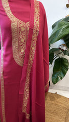 Hot Pink Winter Suit Set with Aari Work in Pashmina Wool