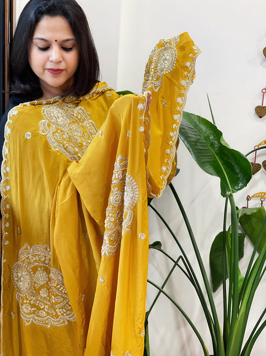 Mustard Yellow Crepe Dupatta with Pearl, Cut Daana, Gold Thread & Sequin Embroidery