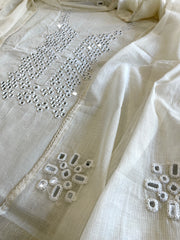 Off-White Suit Set with Thread and Parsi Gara Embroidery in Pure Mul Chanderi