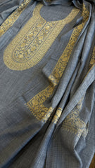 Bluish Grey Winter Suit Set with Aari Work in Pashmina Wool