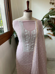 Pinkish Mauve Suit Set with Pearl, Cut Daana and Lucknowi Thread Handwork in Pure Mul Chanderi
