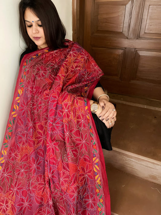 Red Handmade Reverse Nakshi Kantha Dupatta in Silk