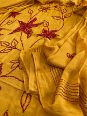 Mustard Yellow Crepe Suit Set With Knot & Sequin Handwork