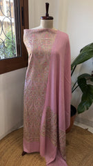 Pink Winter Suit Set with Aari Work in Pashmina Wool