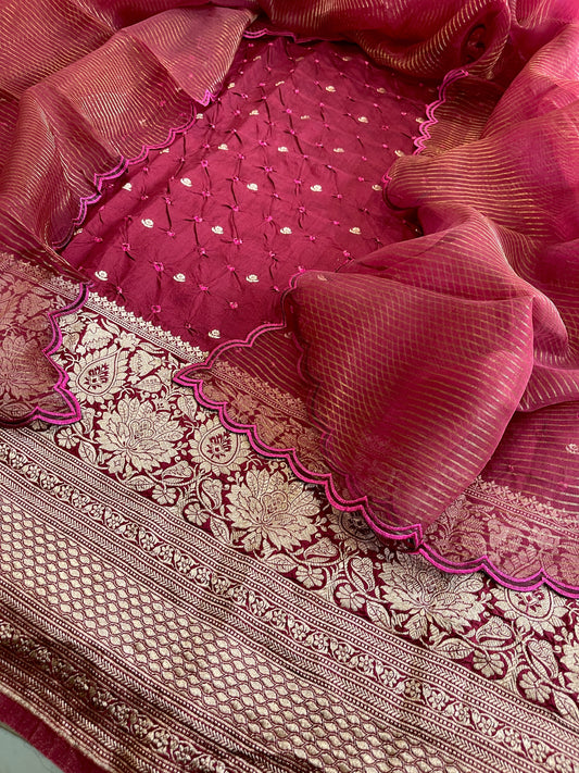 Maroon Handwoven Kadwa Banarasi with Hand Bandhani Suit Set in Pure Silk