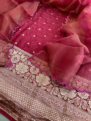 Maroon Handwoven Kadwa Banarasi with Hand Bandhani Suit Set in Pure Silk