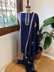 Navy Blue Winter Suit Set with Aari Work in Pashmina Wool