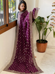 Purple Crepe Dupatta with Mirror and Cut Daana Work with Gota Lace Border