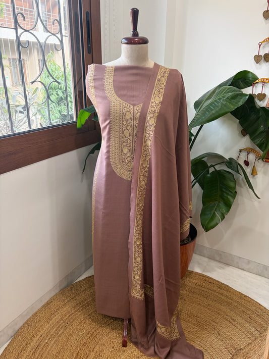 Antique Rose Winter Suit Set with Aari Work in Pashmina Wool