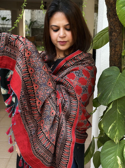 Rust Ajrakh Handblock Printed Silk-Woollen Shawl