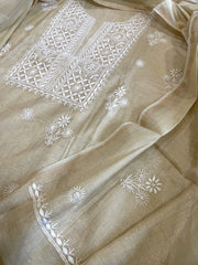 Gold Suit Set with Lucknowi Handwork in Tissue Chanderi